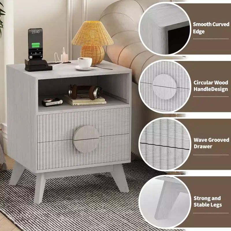 Farmhouse Fluted NightStand Set of 1/2, Wood Tall Nightstands, End Table with 2 Drawers & Open Shelf & Feet