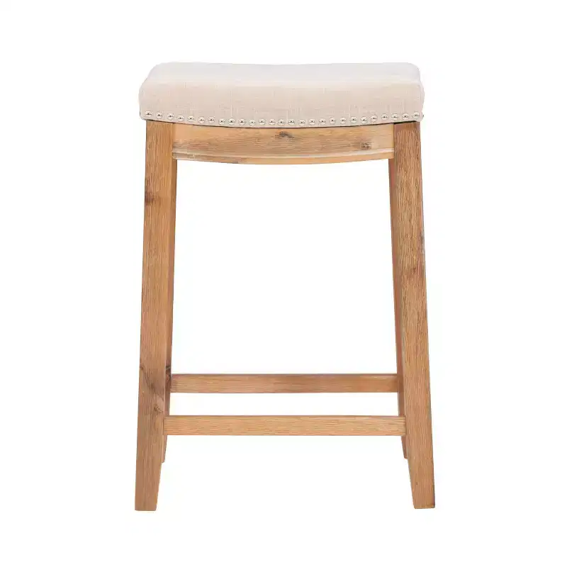 Counter Height Barstool Rustic Brown Natural Linen Upholstered Backless