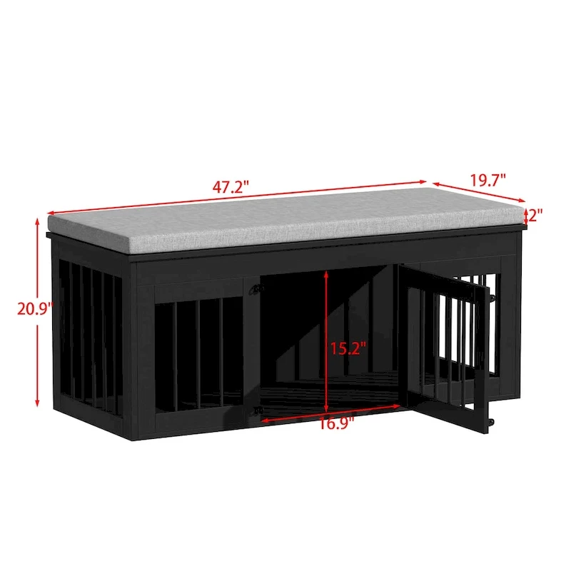 Black Wooden Dog Crate with Cushion Bench Top, Single Dog, 47.2