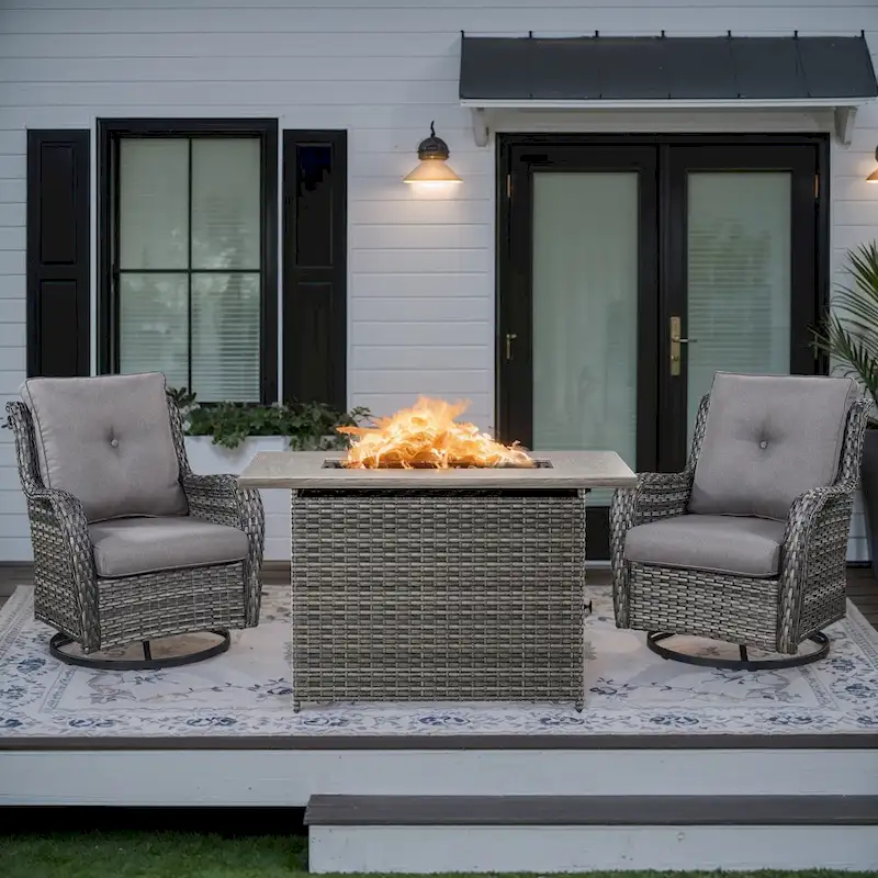 Outdoor Rattan Swivel Chair with Fire Pit Table - Grey