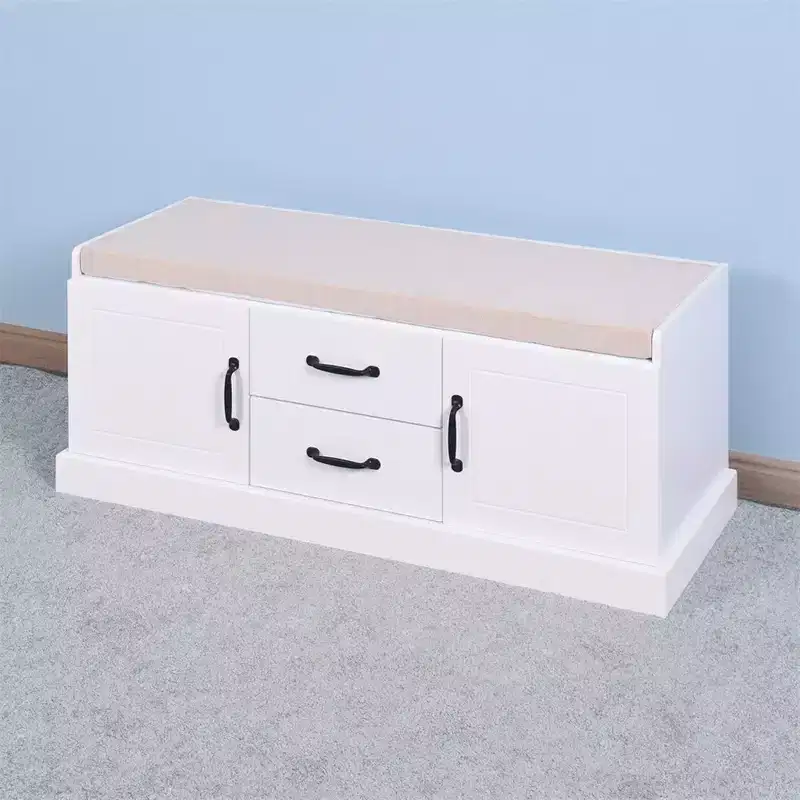 Wooden Storage Bench, Entryway Storage Cabinet With Removable Seat Cushion, Upholstered Storage Bench for Entryway Hallway Bedroom Living Room White 2
