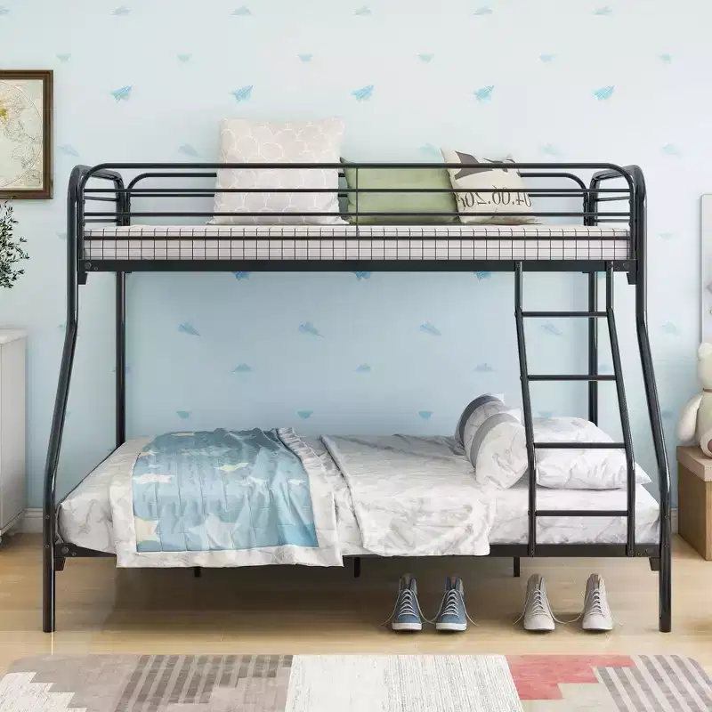 Twin-Over-Full Heavy Duty Metal Bunk Bed with Safety Guardrail and Ladder Black