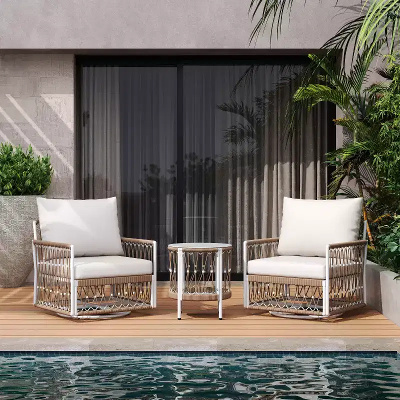 3-Piece Bohemian Outdoor Set with 2 Lounge Chairs and Side Table, Handwoven Rope, for Patio