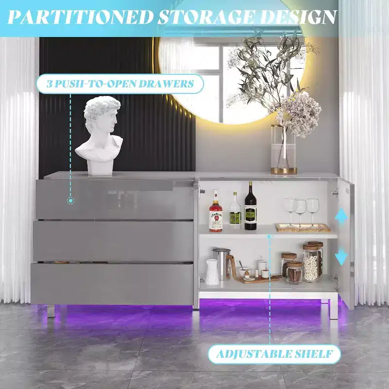 High Gloss Electroplated Sideboard Buffet with LED Lights, 63