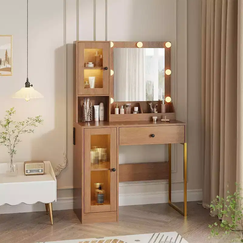 Makeup Vanity Desk with Mirror Adjustable LED Lights, Charging Station, Spacious Drawers Cabinets, Sturdy MDF Top, Metal Legs, Perfect for Bedroom