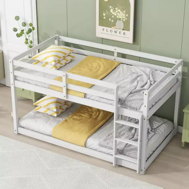 77.3IN Twin-Over-Twin Floor Bunk Bed with Ladder, Twin Bed with Guardrail and Strengthened Slats, Bed Frames for Kids Room, Gaming Room, White