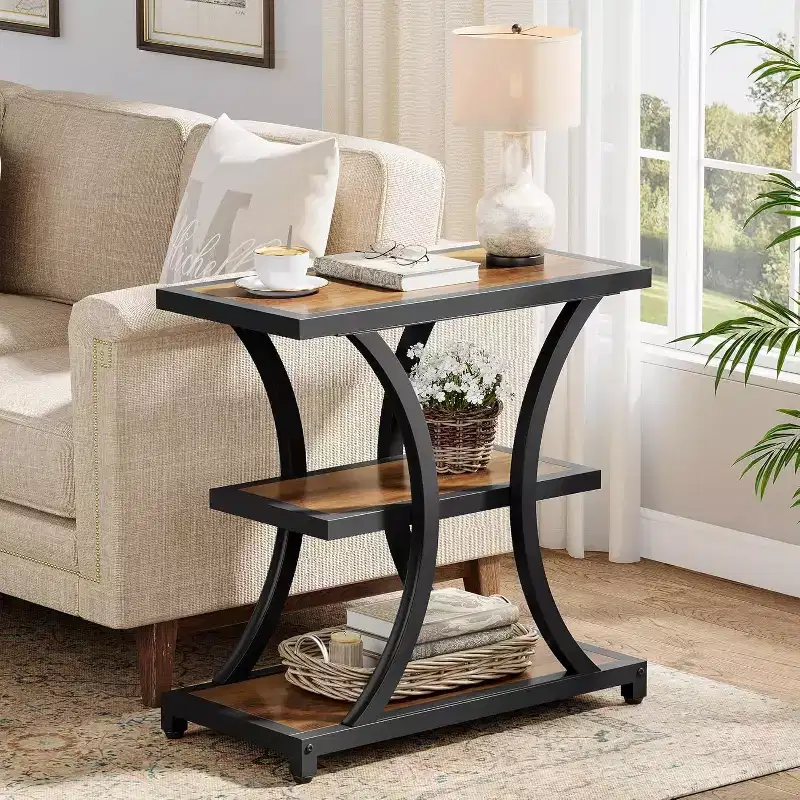 3-Tier End Table with Storage, with Geometric Metal Design, Industrial Nightstand for Living Room, Bedroom
