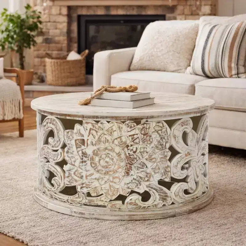 33 Inch Handcrafted Mango Wood Coffee Table, Floral Carved Distressed White Finish