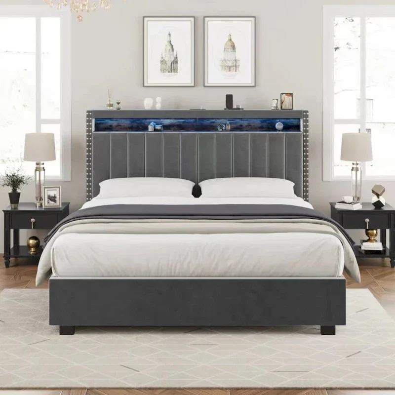 Luxury Gas Lift Storage Bed with LED Lights
