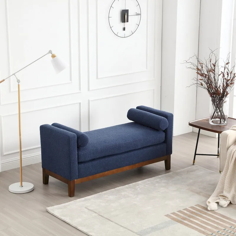 53.5W Elegant Boucle Upholstered Bench, Ottoman with Wood Legs & Bolster Pillows