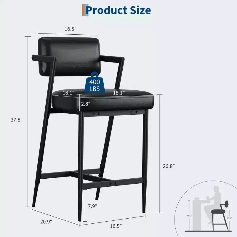 Counter Height Bar Stools Set of 2, Upholstered Kitchen Counter Stools with Footrest & Metal Legs, Faux Leather Bar Chair for Kitchen Island