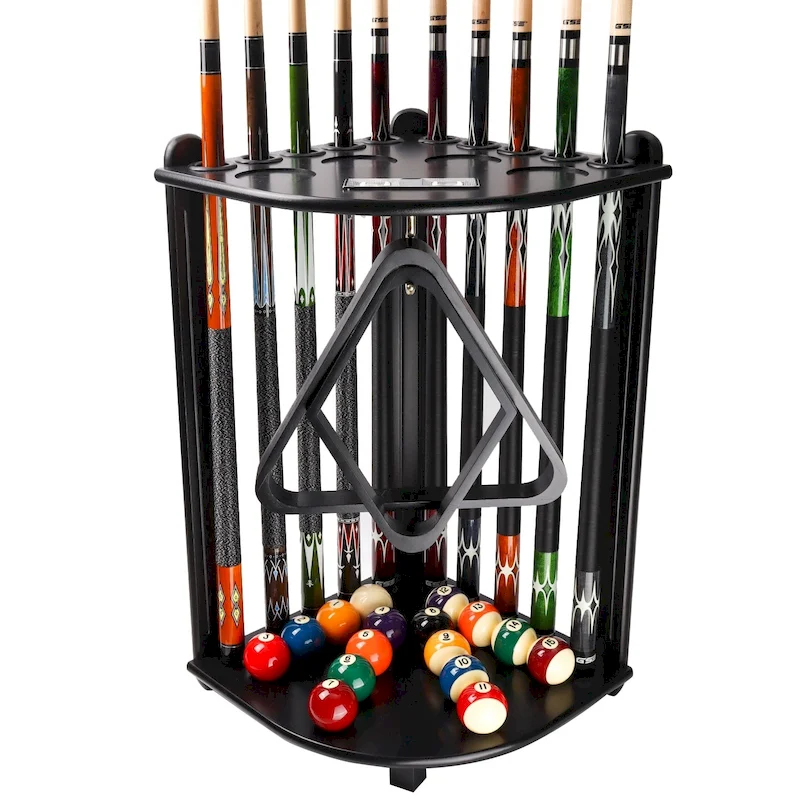 10-Pool Cue Wooden Corner-Style Billiard Pool Cue Rack. Floor Stand Pool Cue Stick Holder