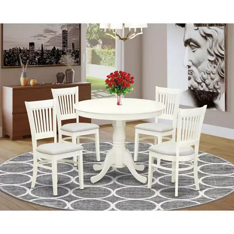 HomeStock Anva5 Round Dining Set Modern Linen White