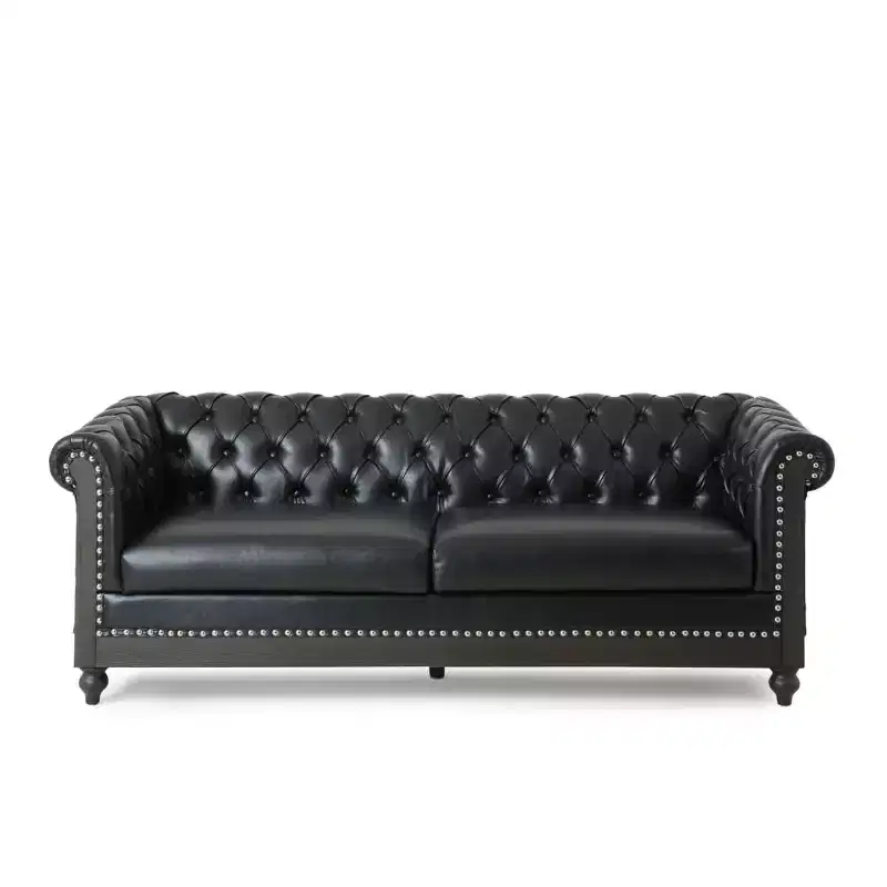 Classic 3-Seater Chesterfield Sofa, Tufted Back, Nailhead Trim, Wood Legs, PU Leather Accent Couch for Living Room