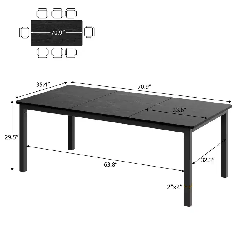 71 Inch Industrial Dining Table, Large Rectangle Kitchen Table with Metal Legs, Round Corners, Wooden Conference Tables Writing Desk for Dining Room