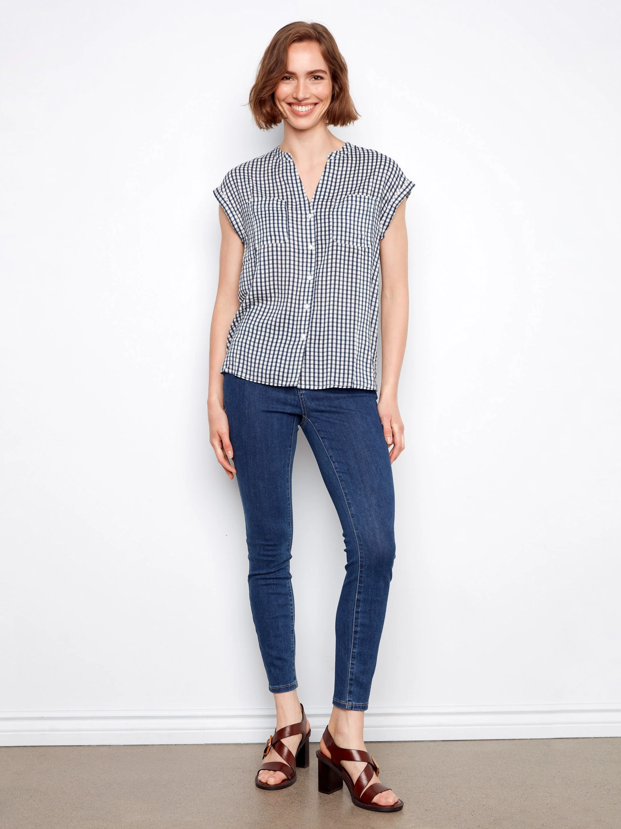 Printed Gingham Button-Up Blouse - Navy