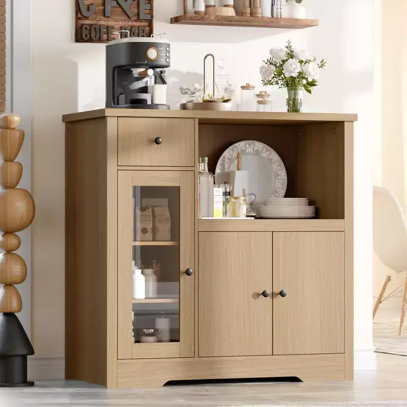 Coolmee Kitchen Microwave Cabinet with Storage and Drawers, Modern Small Buffet Cabinet with Glass Doors and Adjustable Shelf, Wooden Sideboard