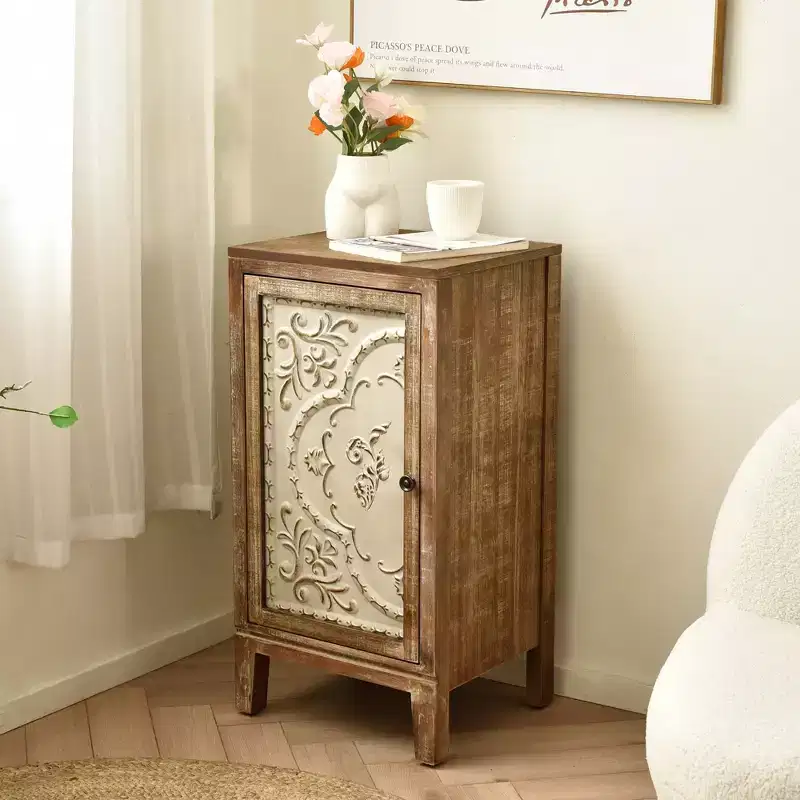 Vintage Florentine End Table With Floral Door Panel, 16.5 x 14 x 31 Inches, Indoor Storage Cabinet, Natural and Cream Finish