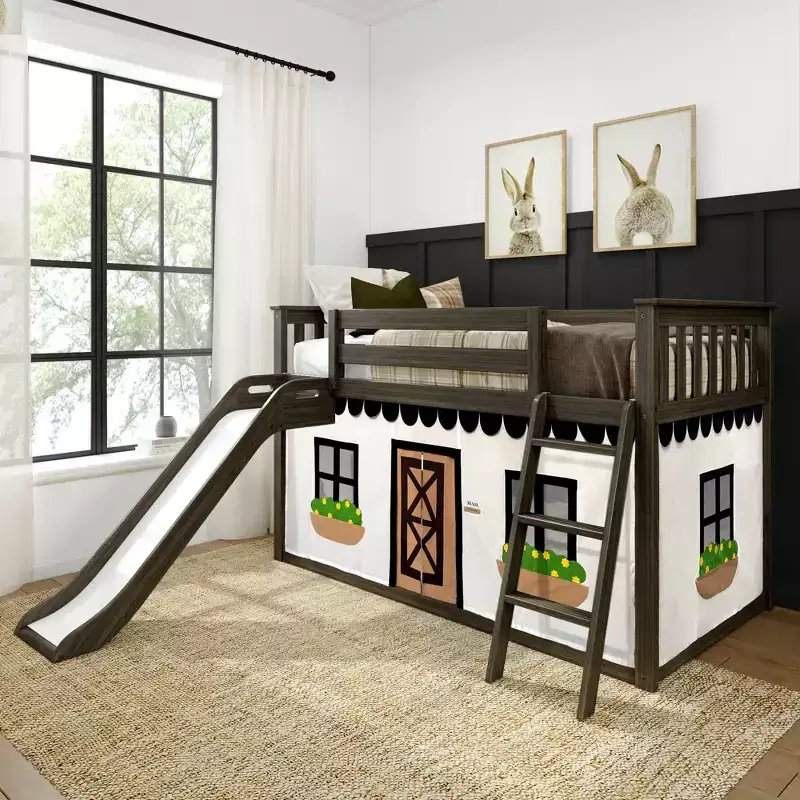 Twin Over Twin Low Bunk With Easy Slide & Black & White Farmhouse Curtain