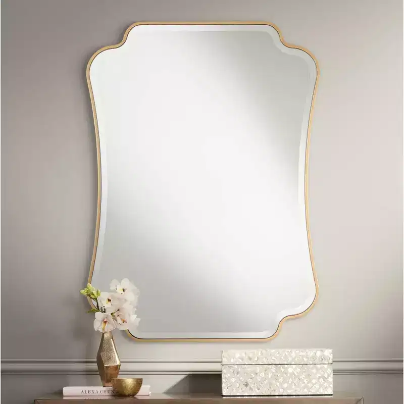 Indara Scalloped Corner Rectangular Vanity Wall Mirror Modern Beveled Gold Wood Frame 27 Wide for Bathroom Bedroom Living Room Office