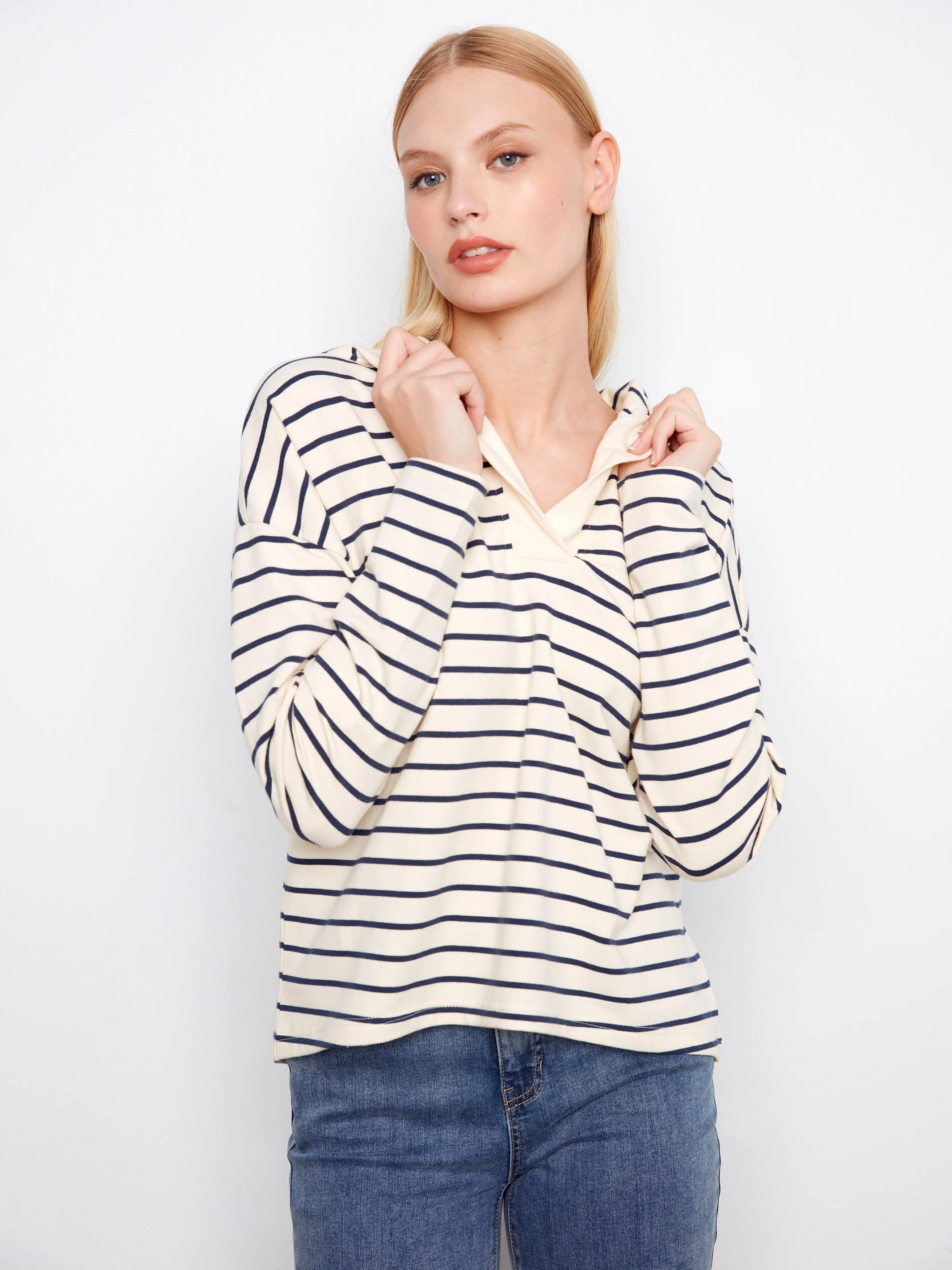 V-Neck Striped Hoodie - Navy
