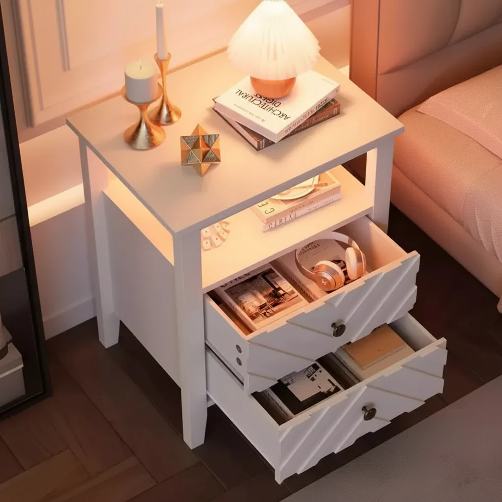 White Farmhouse Nightstand with 2 Drawers, Ambient Lighting & Open Shelf, 19.7