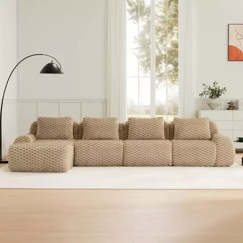 146 L-Shaped Modular Sofa Flannelette 4-Seater Ottoman Buckle No Assembly Light Camel