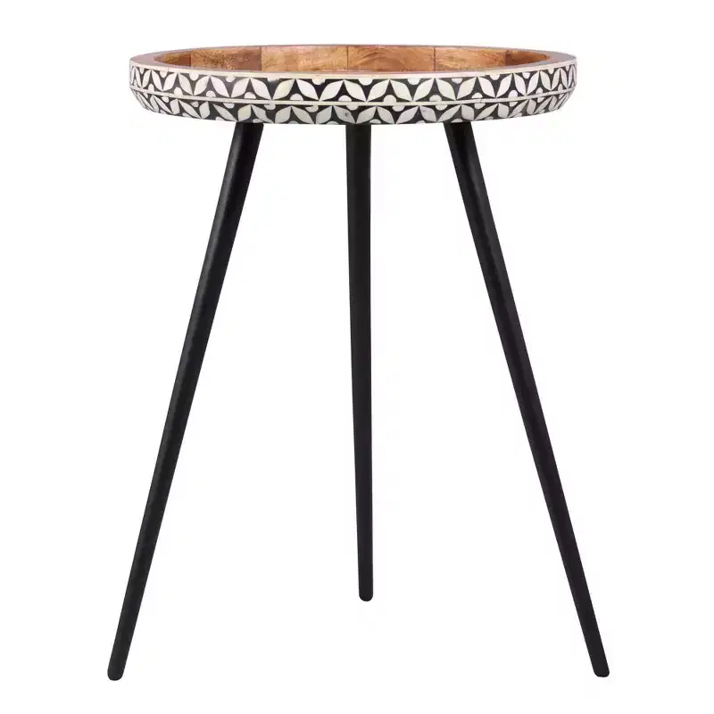 East at Main 18" Round Mango Wood Tray Top Side Table Brown: Sturdy Metal Frame, 20" High End Table