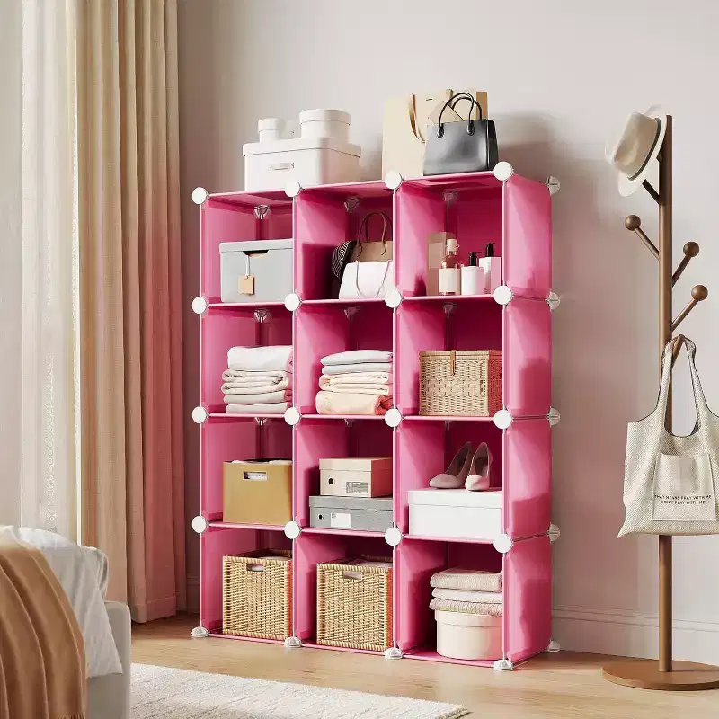 12-Cube PVC Storage Organizer, Multifunctional Cabinet with Stackable Design for Home Office, Pink