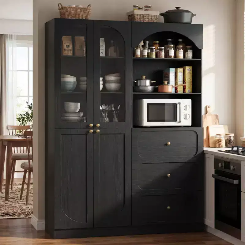 Besiost Combination Pantry cabinet with doors, Set of 2 bookcase with glass doors and shelves