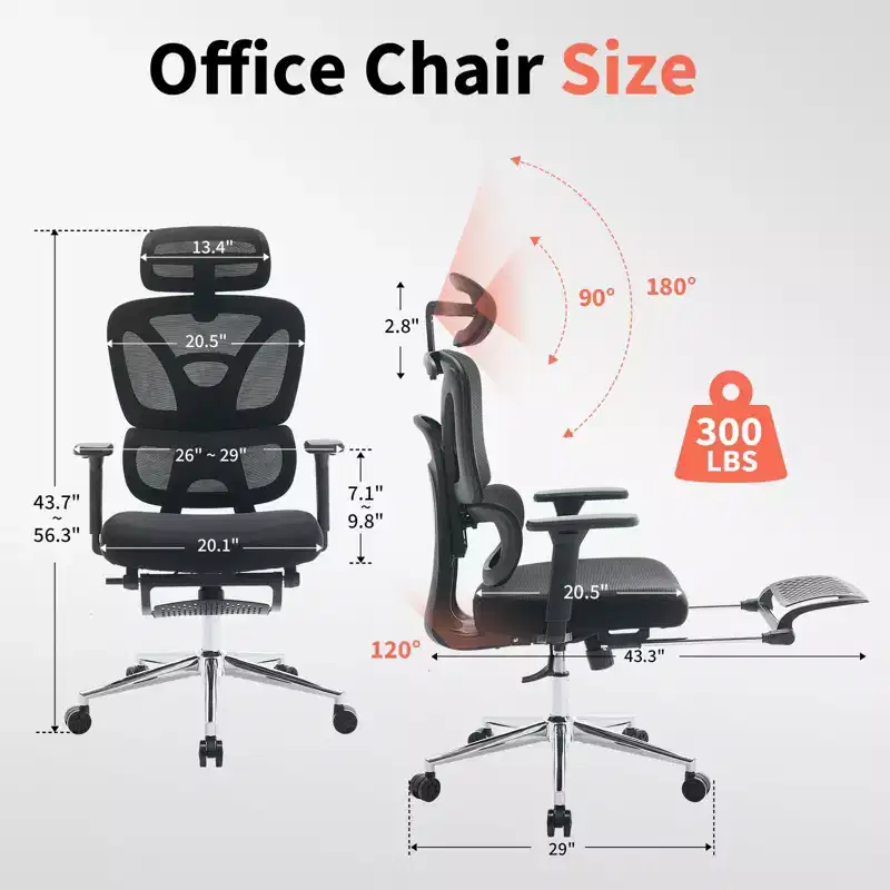 Ergonomic Mesh Office Chair for Home Office, Study, Gaming  Adjustable Lumbar, 3D Armrests, Headrest & Footrest  Breathable Black Mesh, Black Frame