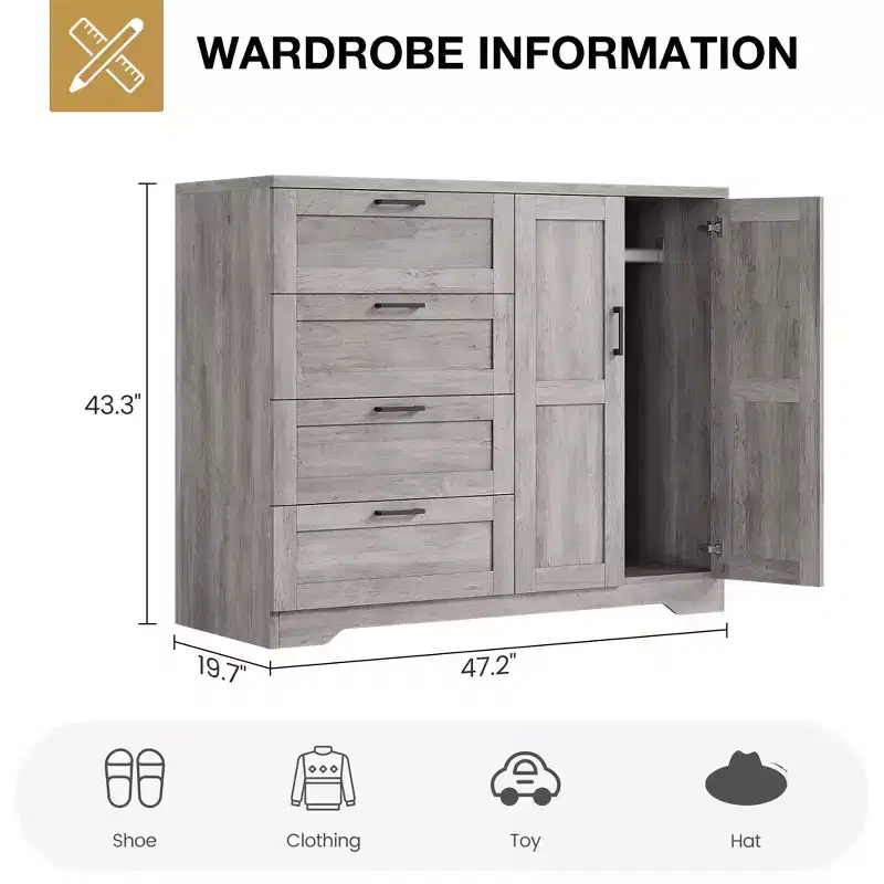 43.3'' H Armoire Wardrobe Closet with 4 Drawers and 2 Doors, Hanging Rod, Multifunctional Wooden Dresser, Bathroom Cabinet for Bedroom