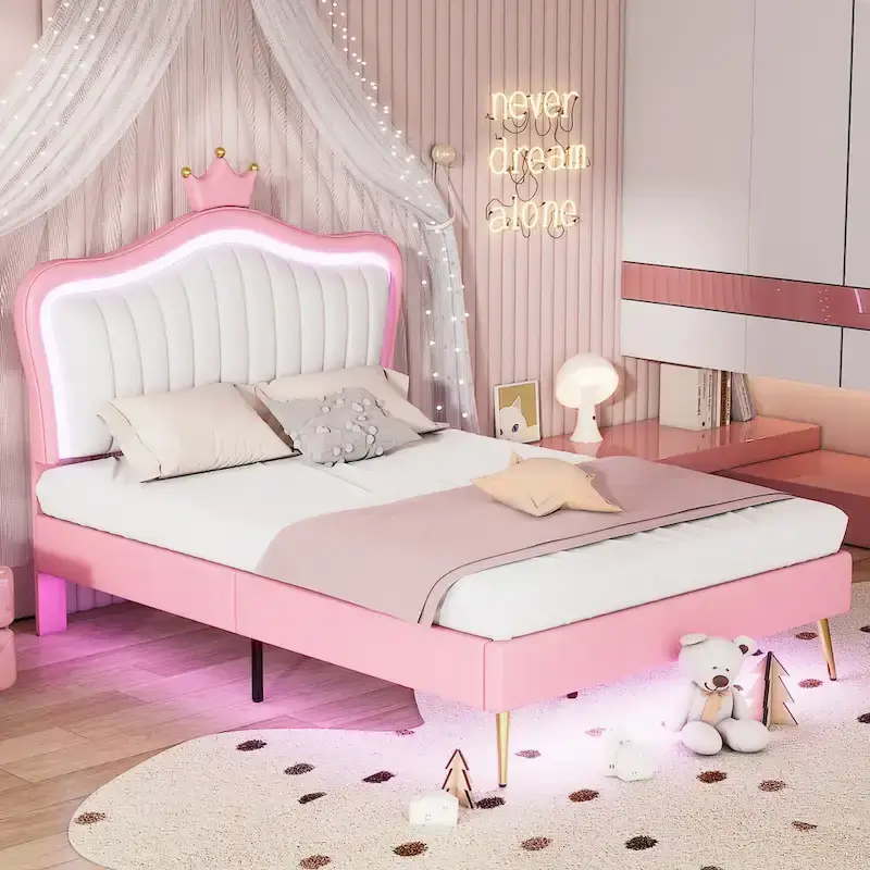 Pink Full Size LED Crown Headboard Platform Bed: MDF, Plywood, PU, Metal, 600LBS Capacity