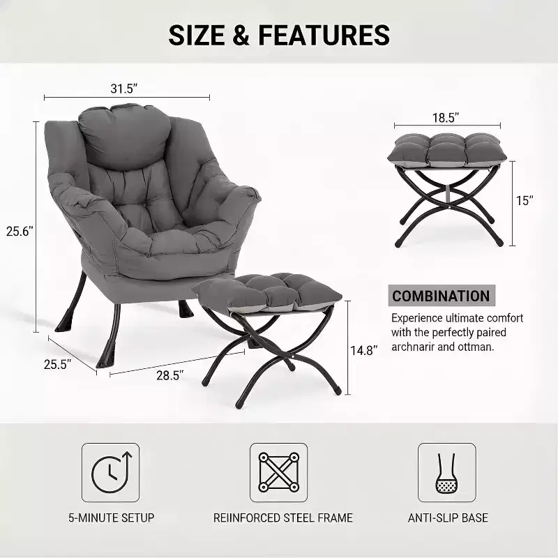 Summit Adventure Lazy Chair with Ottoman Modern Accent Leisure Upholstered Armchair with Armrests Side Pocket Dark Grey