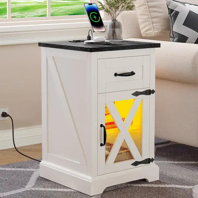 Moasis Set of 2 End Table with Drawer and Power Outlet, LED Light Side Table with Charging Station
