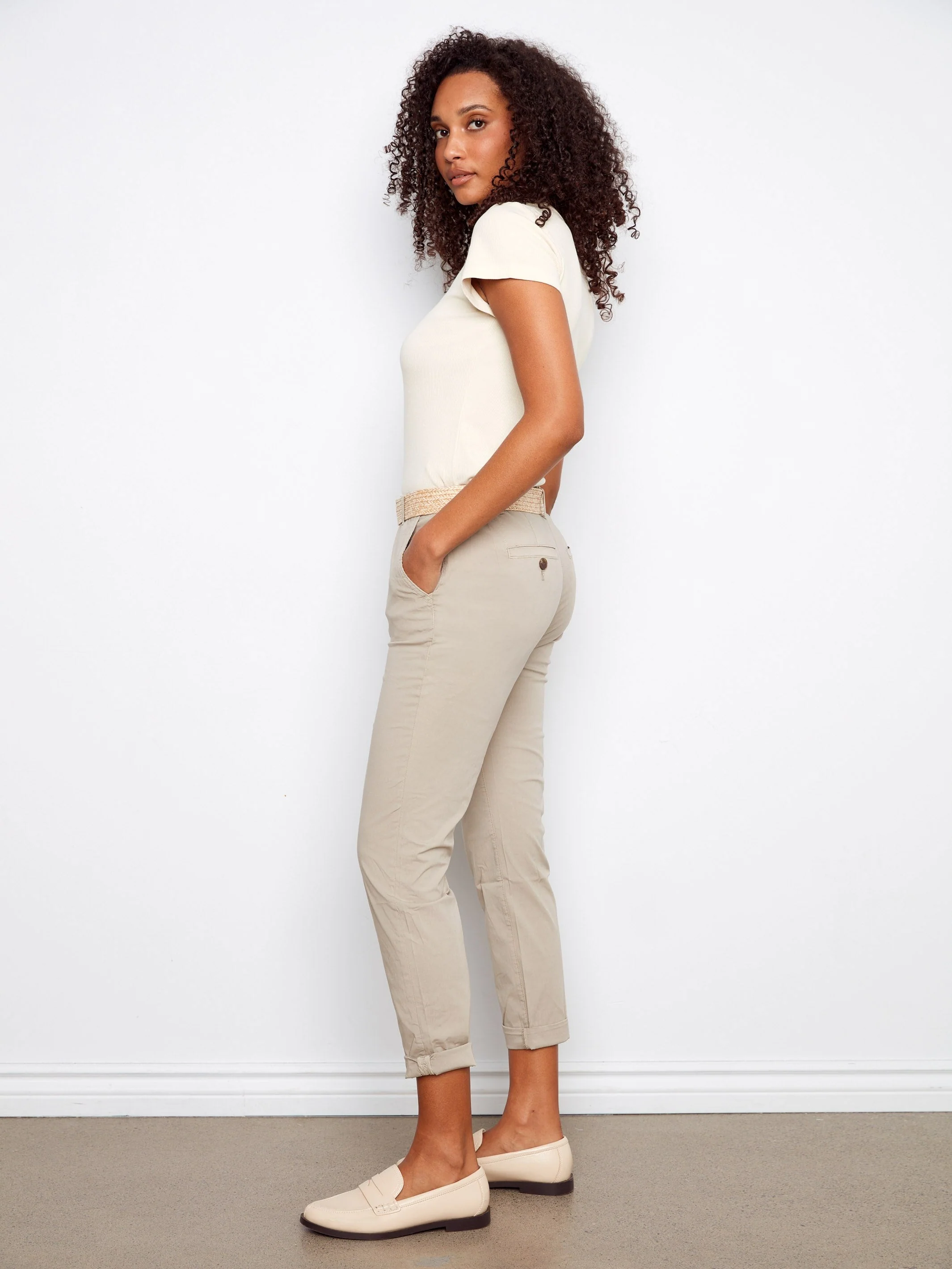 Slim Fit Pants With Belt - Greige