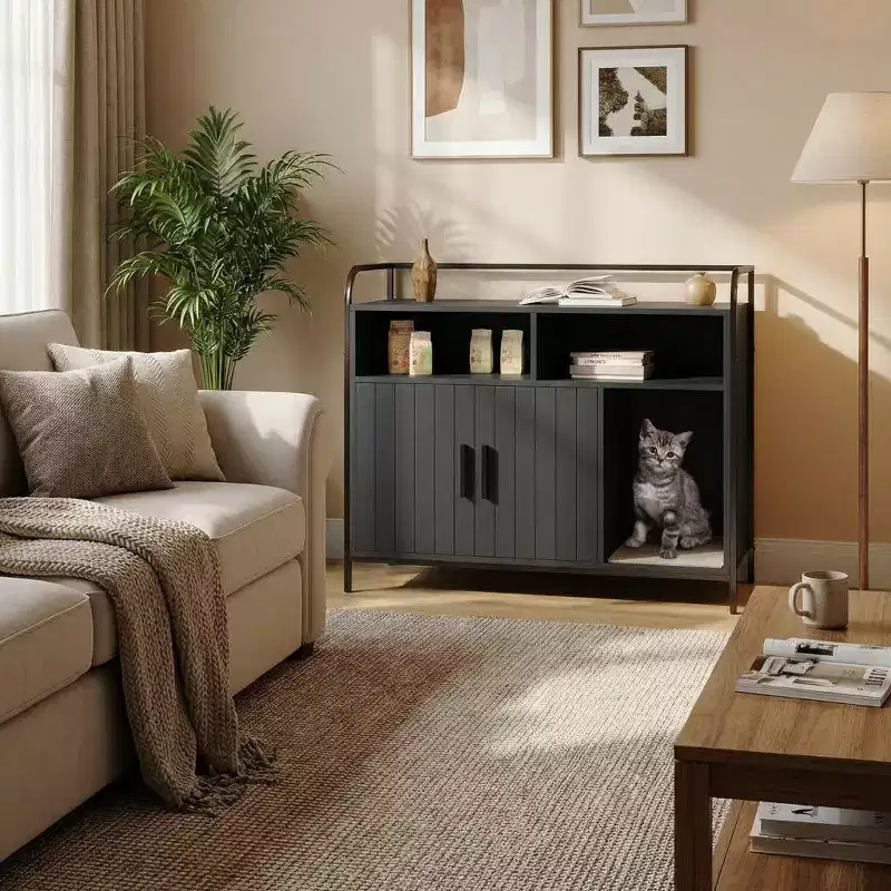 Cat Litter Box Enclosure, Multi-Functional Hidden Litter Cabinet with Barn Door, Ventilation & Side Entry