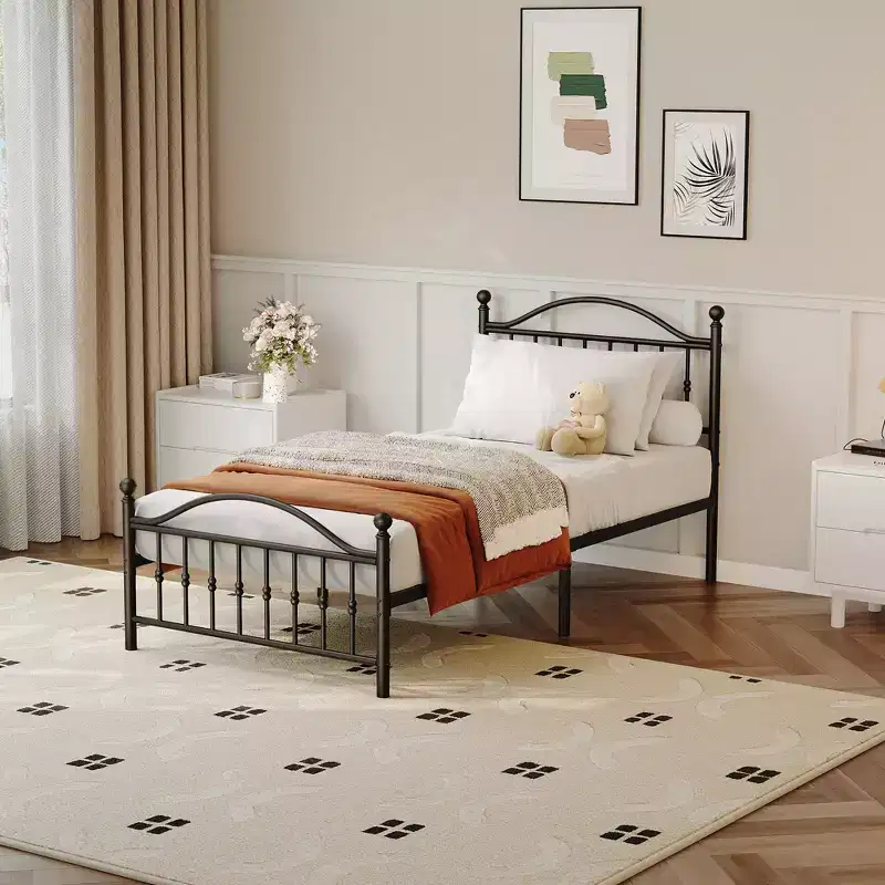 Metal Platform Bed Frame Vintage Circular Headboard & Footboard, No Box Spring Required, Choose Size, Black