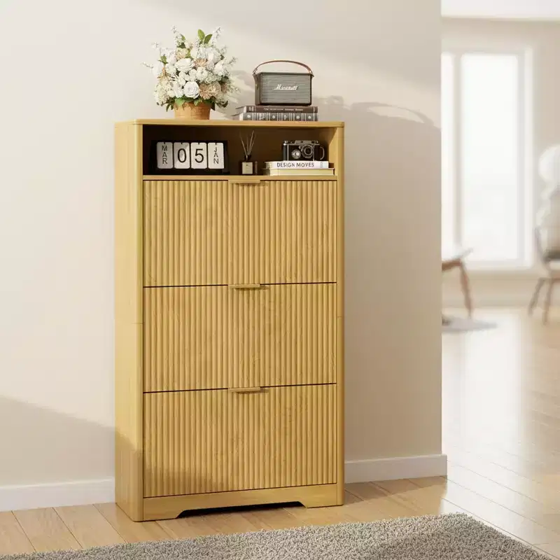 Homy Casa 3-Tier Modern Shoe Cabinet with Flip-Down Doors and Open Shelf