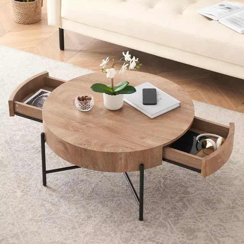 GustoWave Round Coffee Table with Storage, Farmhouse Circle Coffee Table for Living Room, Balcony, Apartment