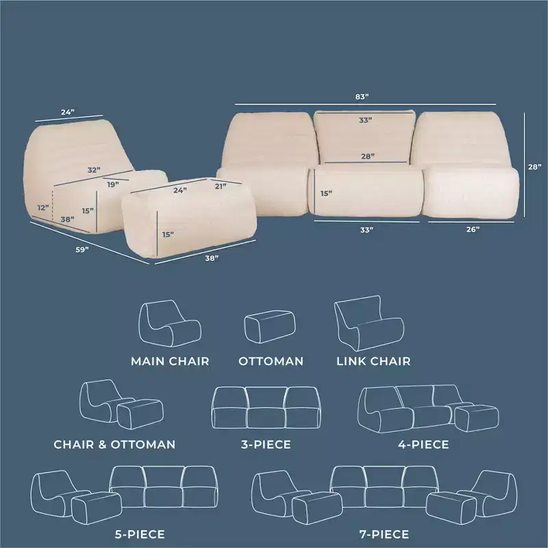 Big Joe Solvana Outdoor Patio Furniture Set, Performance Linen Weather-Resistant Fabric Sofa, 5 Piece Sectional, Sunlit Cream