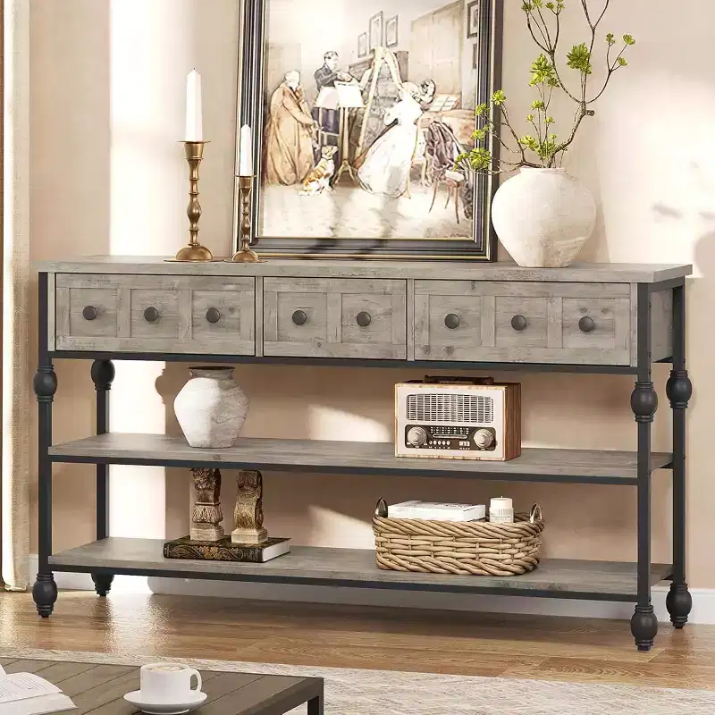 Console table,entrance table with 3 drawers,3-layer metal sofa table,open shelf behind corridor sofa table