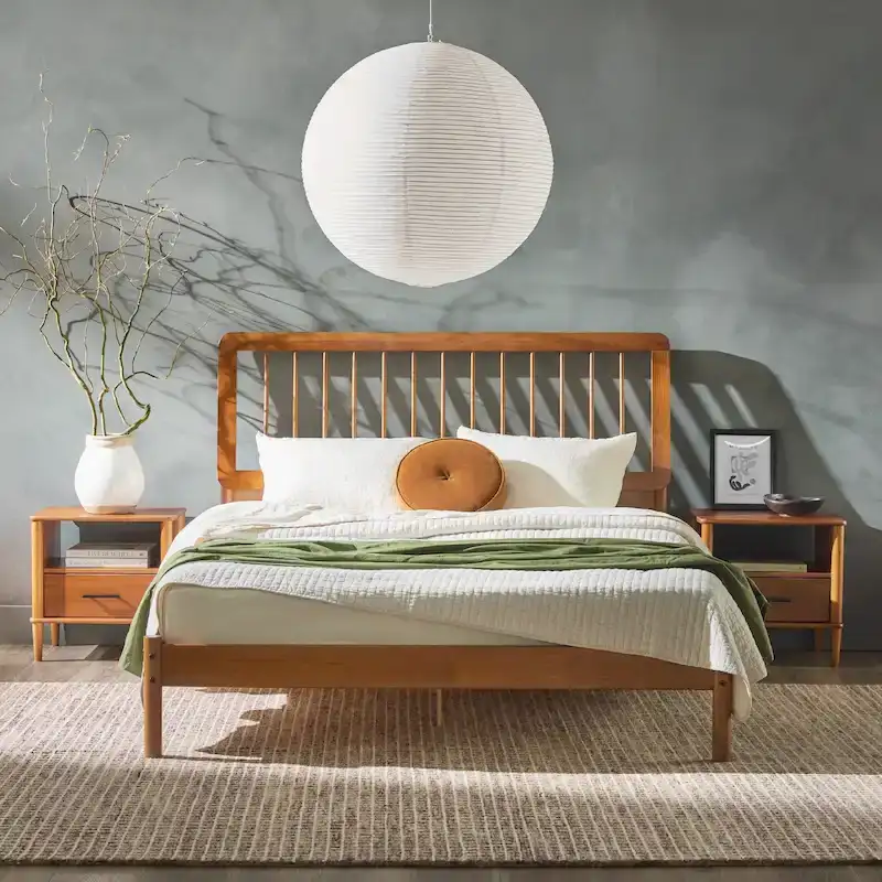 Solid Wood Queen Spindle Bed, Caramel / Natural Pine / Black, Fits 2