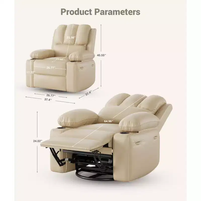 360 Swivel Rocker Recliner Chair, Manual PU Leather Overstuffed Single Sofa with Cup Holders & Side Pockets for Living Room, Bedroom, Nursery