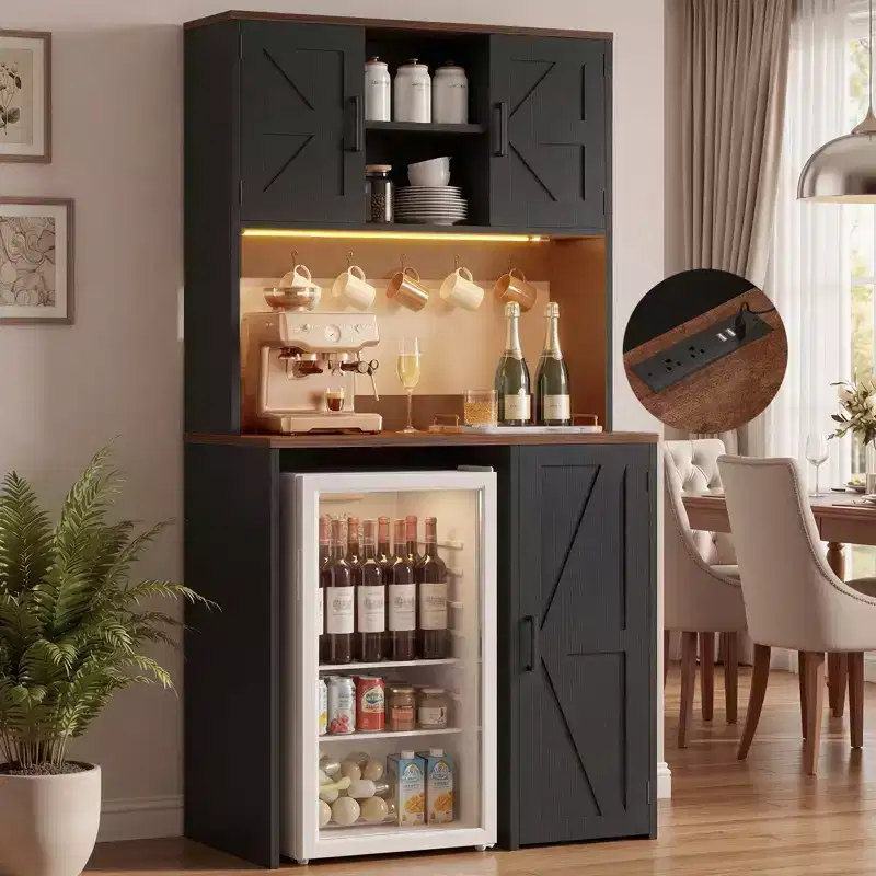 Besiost Kitchen Pantry Cabinet with Mini Fridge Space, Coffee Bar Cabinet with Storage Shelf