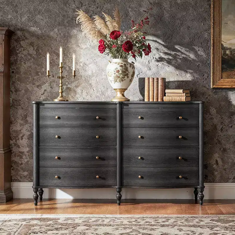 Homsee Black/Light Oak Curved-Front Vintage Dresser with 8 Drawers Luxury Bedroom Storage Dresser with Bronze Knobs Dressing Vanity Table