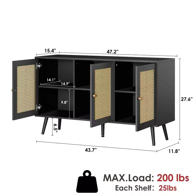47.2 Rattan Buffet Cabinet with Storage, Modern Sideboard with Adjustable Shelves, Coffee Bar Credenza for Kitchen Living Room Entryway