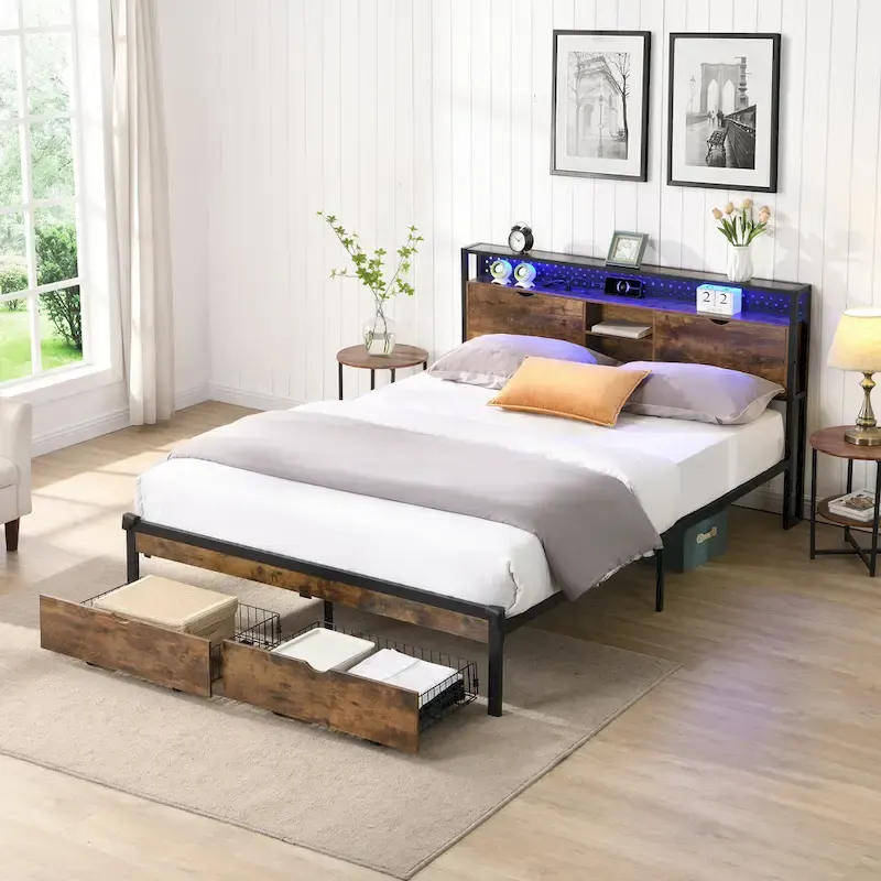 King Size Metal Bed Frame with Wooden Headboard and LED Lights
