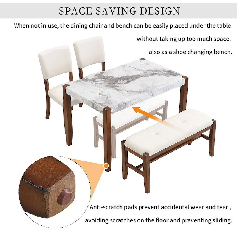 4-piece Dining Set with Faux Marble Style Table and 2 Upholstered Chairs & Bench with Wood Legs
