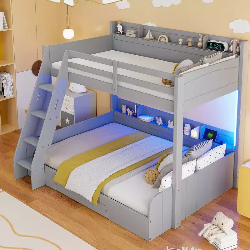 Twin over Full Bunk Bed with Storage Shelves, LED, Charging Station and a Drawer
